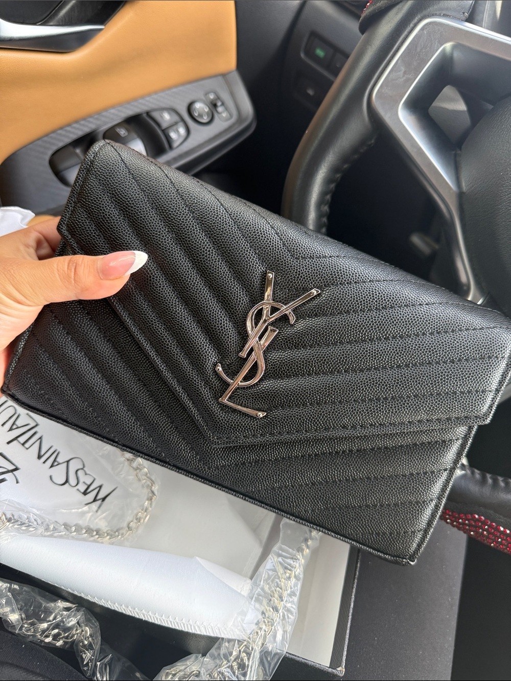 Saint Laurent Inspired Black Quilted Leather Wallet-On-Chain